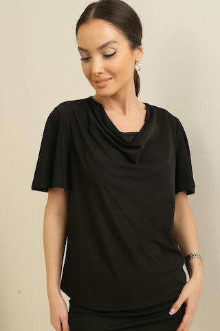 By Saygı Degaje Yaka Kristal Kumaş Kısa Kollu Bluz-35750-siyah