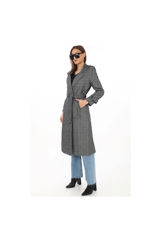 Kadın Balık Sırtı Kaşe Kaban Uzun Boy Kruvaze Yaka Kuşaklı Astarlı Kışlık Tesettür Kaban, Yünlü Do Füme