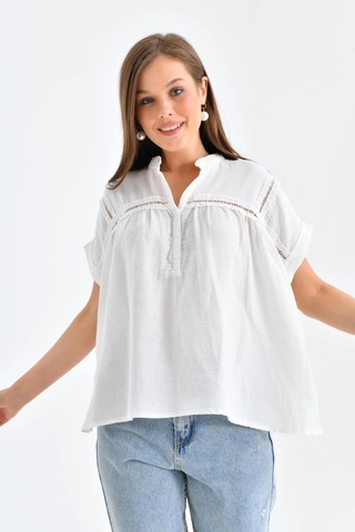 Dantel Detay Kısa Dokuma Bluz KEMİK