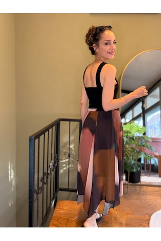 Ali Butik Kahve Batik Desen Asimetrik Şifon Etek