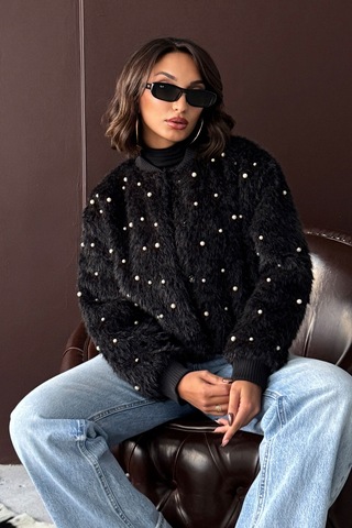 Verymoda Suni Kürk Bomber Ceket - İnci Detaylı Siyah