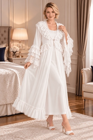 Mecit Pijama Mecit 6411 Ekru Dantel Detaylı Kadın Sabahlık Gecelik Takım