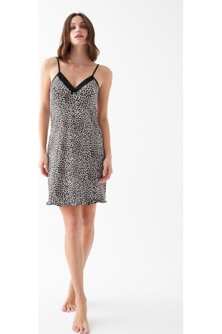 Akbeniz Kadın Kahve Leopar Desenli Dantel Detaylı İp Askılı Gecelik Kahve