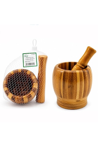 Ahşap Bambu - Çizgili Havan Sarımsak Dövecek Ç: 8cm--d: 7cm--y:10.5cm Fileli Ambalaj 5332