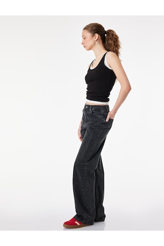Koton Düz Paça Normal Bel Taş Detaylı Pamuklu Denim Pantolon - Straight Fit Jean Siyah 6sal40158md Siyah