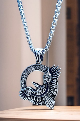 Gümüş Kaplama Krom-çelik Erkek Kolye Madalyon İskandinav Odin Viking Kuzgun Gümüş