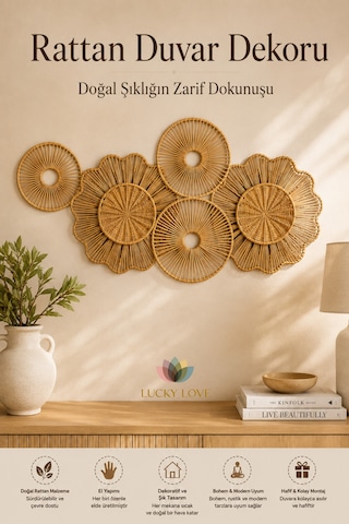 Rattan Duvar Dekoru 108x55 Cm El Yapımı Bohem Doğal Duvar Süsü 1