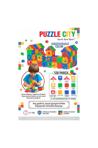 Puzzle City 128 Parça Eğitici Yapı Blokları Tak Çıkar Şehir Kurma Seti 3+ Yaş