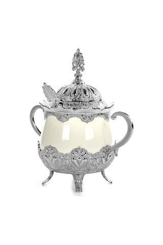 Kapaklı Ve Kaşıklı Lüks Porselen Şekerlik Lokumluk Gümüş