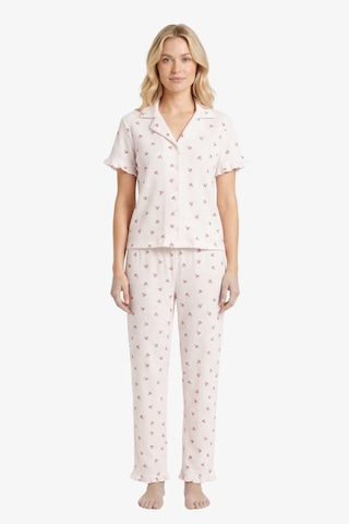Cottonhill Beyaz Çiçek Desenli Bürümcük Gömlek Yaka Kadın Pijama Takımı
