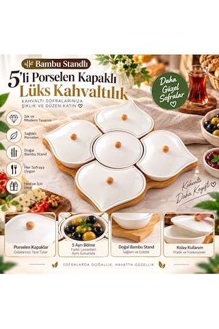 Bambu Standlı 5 Li Porselen Kapaklı Lüks Kahvaltılık Beyaz