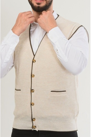 Kamalı Erkek V Yaka Triko Düğmeli Cepli Çizgi Desenli Regular Fit Premium Tüylenmeyen Örgü Yelek Taş