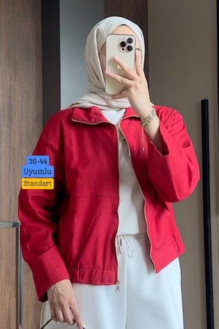 Balenbi Kadın Fermuarlı Günlük Basic Kot Ceket 372 Kırmızı