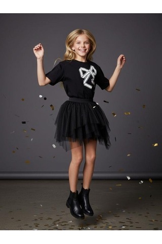Zekids Kız Çocuk Fiyonk Desenli Yarım Kollu Tasarım T-shirt-16533 Siyah