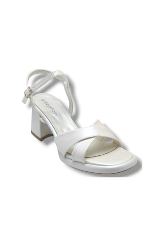 Erbay 405-26 Cilt Deri Çapraz Bant Kalın Topuk Anatomik Kadın Sandalet 7cm Beyaz