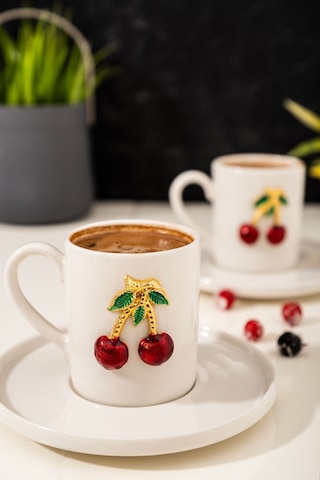 Mest Kiraz Model 2 Kişilik 4 Parça Porselen Kahve Fincan Takımı - Şık Kahve Fincan Seti Beyaz