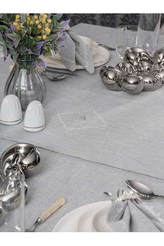 Cotton Box Keten Masa Örtüsü Takımı Pera Gri 175x240