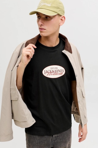 Jack & Jones Jorcatskılls Front Baskılı Erkek Tişört Bisiklet Yaka Kısa Kollu Siyah