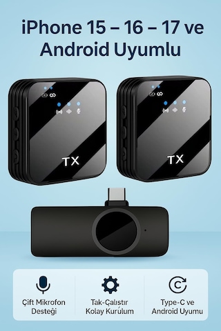 Coverzone Kablosuz Yaka Mikrofonu Çift Mikrofon İphone 15 16 17 İle Uyumlu Type-c Portlu Telefon Pc Sku: Smgstkb7720e426d