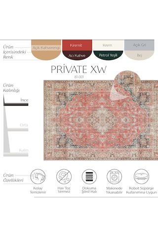 Cool Halı Private Xw Kırmızı Vintage Halı Yıkanabilir Eskitme Klasik Desenli Göbekli Salon Halısı