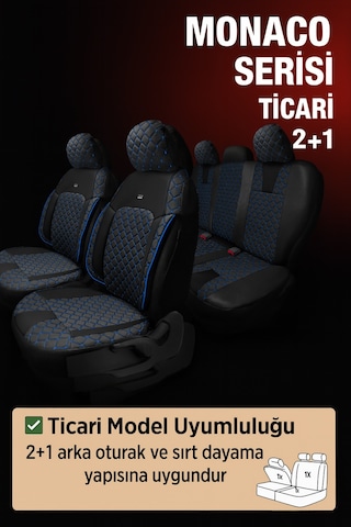 Volkswagen Tiguan 2016 - 2023 - Ticari 2+1 Monaco Eviza Kumaş Deri Detaylı Oto Koltuk Kılıfı - Siyah Mavi Siyah Mavi