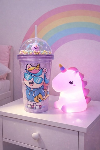 2 Li Set Işıklı Renkli Unicorn Figürlü Gece Lambası & Pipetli Boncuk Detaylı Suluk Bardak Mor 450 Ml Set