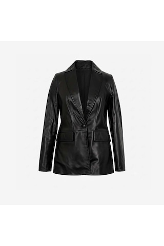 Kemal Tanca Hakiki Deri Tek Düğmeli Kadın Blazer Ceket Bo-1942 Siyah