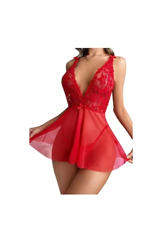 Kırmızı Dantel Detaylı Transparan Fantazi Gecelik Kırmızı