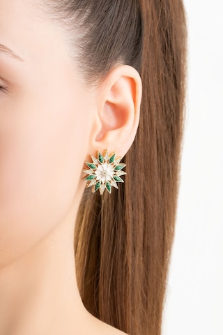 So Chic Malahit Çiçeği 18 Ayar Sarı Altın Kaplama Gümüş Tasarım Küpe