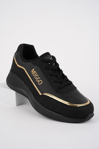 Muggo Coco Garantili Kadın Ortopedik Günlük Bağcıklı Şık Rahat Sneaker Spor Ayakkabı Siyah - Altın