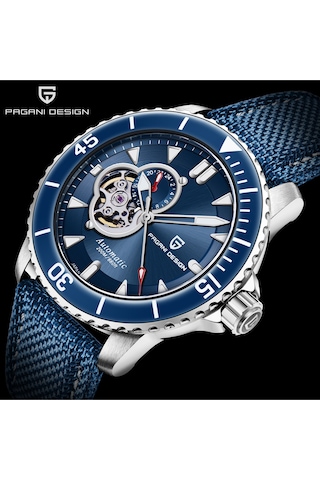Pagani Design Pd-1674 Erkek 200m Su Geçirmez Tourbillon Saat Otomatik Mekanik Saat Safir Kristal Paslanmaz Çelik Gümüş - Mavi
