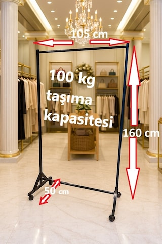 Premium 160 Cm Çelik Konfeksiyon 105 Cm En Elbise Askılık Tekerlekli Demonte Portmanto Hanger Siyah