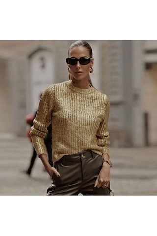 Fashion Friends Varak Altın Dore Kumaşlı Yuvarlak Yaka Ofis Gece Davet Likralı Fitilli Kollukazak Dore