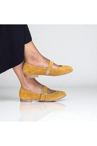 Ne&ve Shoes Hardal Süet Hakiki Deri Yuvarlak Burunlu Tokalı Kadın Babet