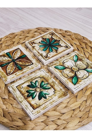 Baskılı Doğal Taş Bardak Altlığı 4'lü Set 10x10x1 Cm Hint Desenli Çok Renkli