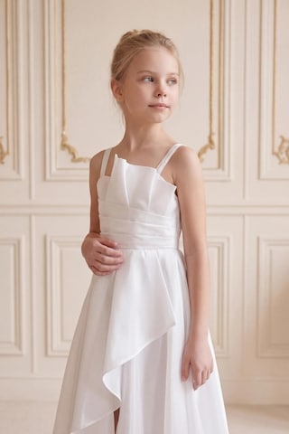 Kent Of Kids Kız Çocuk Abiye Beyaz Uçuş Uçuş Monaray Kumaş Asimetrik Kesim Prenses Model Yırtmaçlı Abiye Elbise 10-15 Yaş