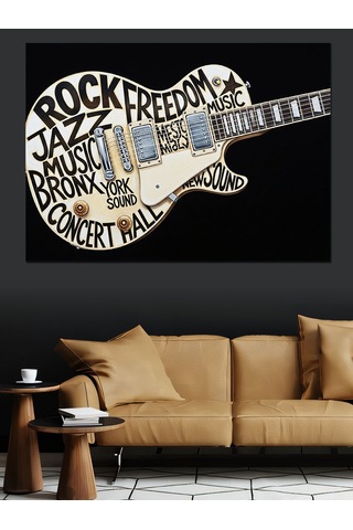 Gitar Şeklinde Yazılarla Rock Müzik Dekoratif Kanvas - Mdf Ahşap Tablo
