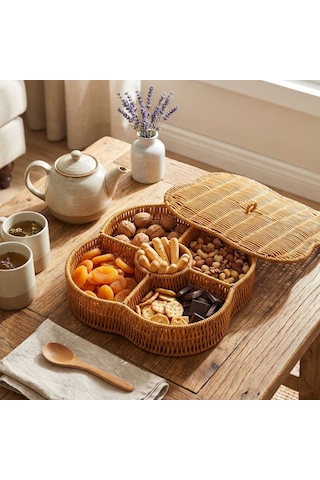 Go İthalat Kapaklı 5 Bölmeli Plastik Rattan Organizer Kutu Hasır Desenli Çok Amaçlı Saklama Ve Sun Bej