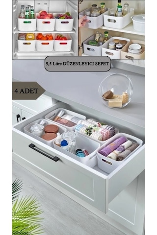 4 Adet 9.5 Lt Dolap Içi, Buzdolabı Düzenleyici, Banyo Organizer Sepet Beyaz