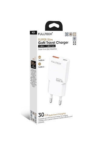Fulltech Fc71 30w Gan Süper İnce Hızlı Şarj Adaptörü 1x Usb-a + 1x Usb-c Pd 30w & Qc 3.0 Destekl