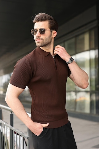 Madmext Kahverengi Yarım Fermuar Detaylı Polo Yaka Triko Erkek Tişört E7492
