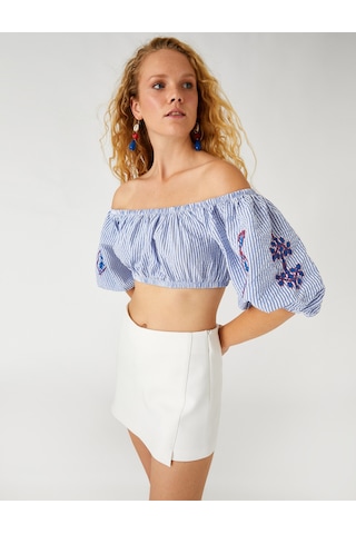 Koton Nakışlı Crop Bluz Omzu Açık Mavi Çizgili 2sak30116ew Mavi Çizgili