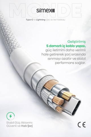 Simex 11 12 13 14 Pro Max Serisi Type-c To Lightning Hızlı Şarj Kablosu, Apple iPhone Uyumlu Şarj Kablosu, Gri, 1 Metre