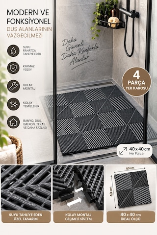 Porsima 0775 Antrasit Geçmeli Plastik Yer Karosu 4'lü Set Kaymaz Izgaralı Balkon, Banyo & Teras Zemin Karo 40x40 Cm