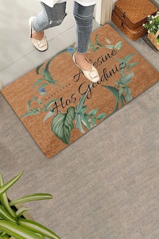 Valerine Life Mavi Papatya Yaprak Kişiye, İsme Ve Aileye Özel Hoş Geldiniz Kapı Önü Paspası 45x70cm Kahverengi