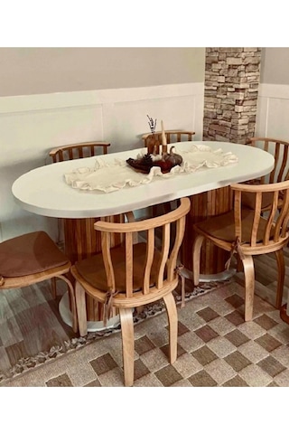 Ada 180x90x75cm 36mm Kalın Kenarlı Oval Beyaz Sütunlu Yemek Masası Sandalye Yok Sadece Masadır Beyaz-doğal