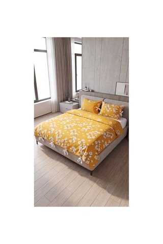 %100 Pamuk Çift Kişilik Çiçekli Bağcıklı Nevresim Seti 220x200 Cm 2 Desenli + 2 Düz Beyaz Yastık Kılıfı Sarı - 909838824 Sarı