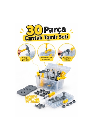 Oyuncak 30 Parça Çantalı Oyuncak Tamir Seti Çekiç Tornavida Pense Anahtar Testere Vidalama Çivi Çakma Vidalama Oyunu Çocuk Alet Seti Sarı