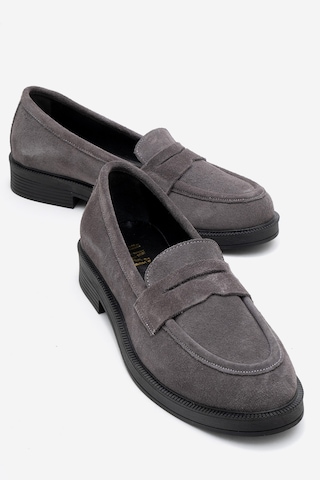 Pline Füme Süet Hakiki Deri Kadın Loafer Ayakkabı Füme