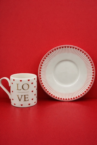 2 Kişilik Porselen Love Kalp Kahve Fincan Takımı Seti Kalpli 90ml Beyaz